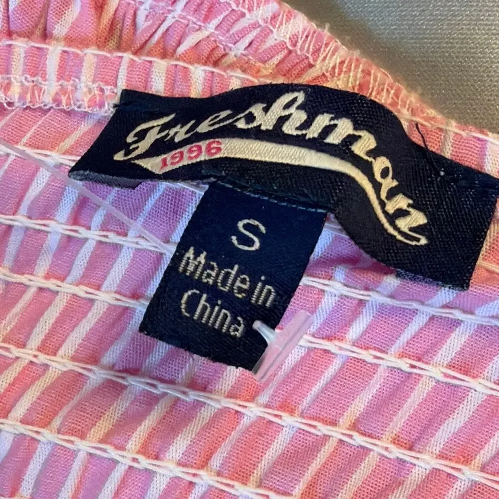 Freshman 1996 Pink Stripe Crop Top Smocked Back Bell Sleeve Cottagecore S